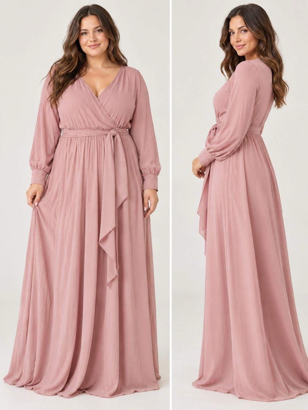 Baltic Born Blush Mauve Wrap Maxi Dress 3X Chiffon  Long Sleeve Belted Wedding